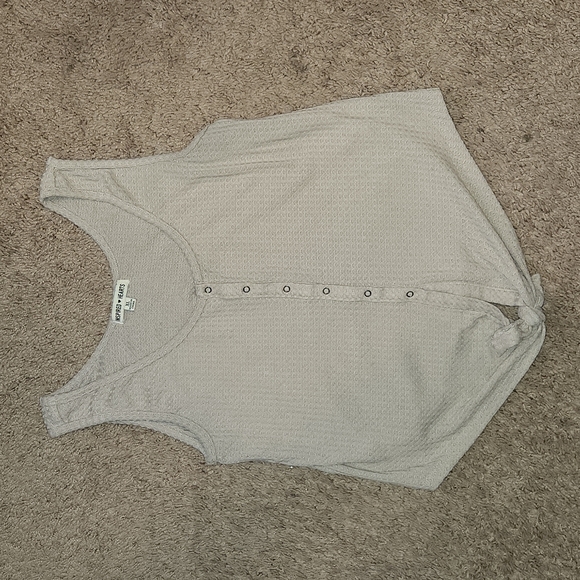 Inspired Hearts Sleeveless Tan Henley Button/Snap Down Tie Bottom Top - Picture 1 of 5